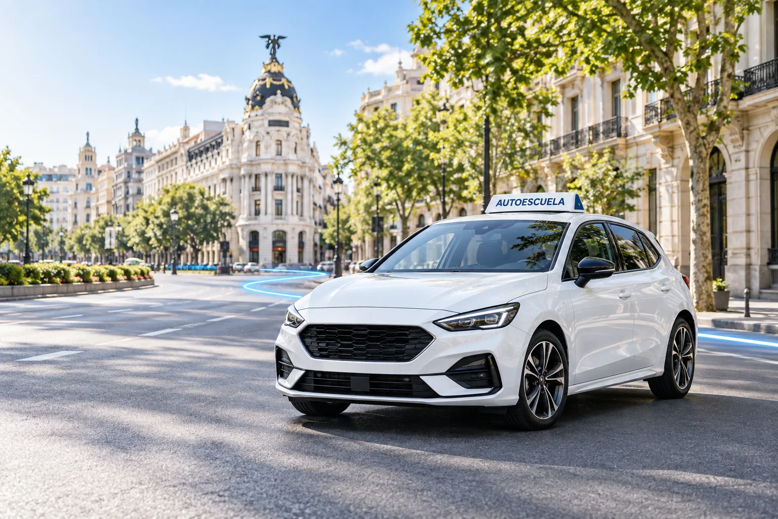 Coche español con rótulo AUTOESCUELA en una avenida de Madrid y una ruta digital azul
