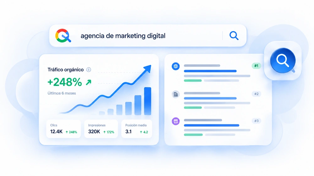 Ilustración de resultados de búsqueda y un gráfico de tráfico de ejemplo